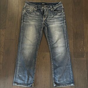 Buckle Distressed Blue Straight Jeans